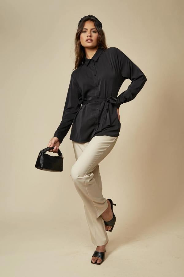 Hoxton Gal Oversized Belt Detailed Long Sleeves Shirt Top in Black