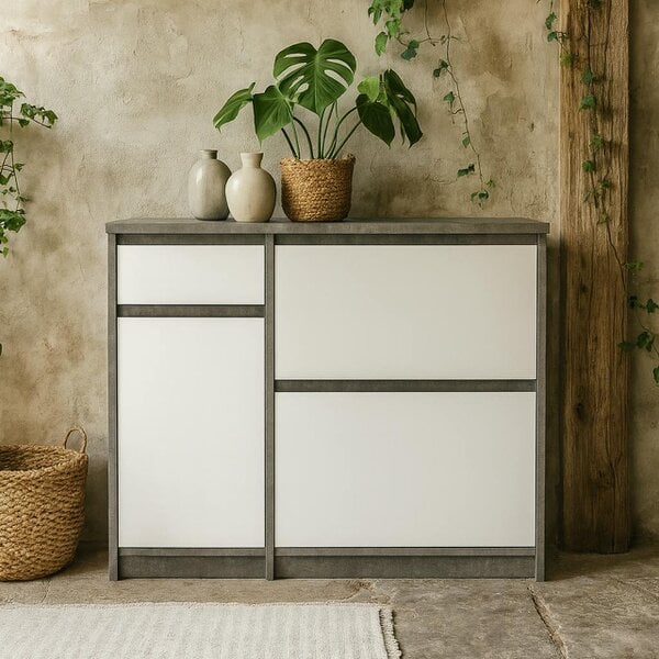 Wyld Haus Budapest Concrete Effect and White Wooden Shoe Cabinet 3 Doors 1 Drawer