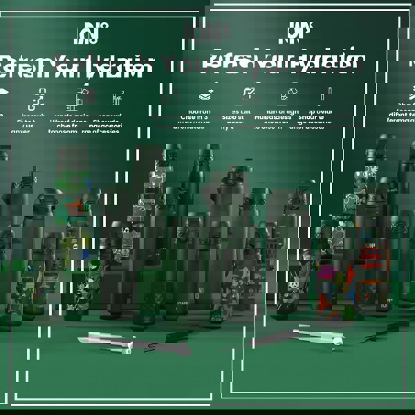 Several dark-green ION8 water bottles, of varying sizes and designs, are displayed on a green surface. Accessories are also shown. The text reads: "ION8 Refresh Your Hydration. Choose from 3 different materials. Sizes to suit any user. Hundreds of designs to choose from. Shop our wide range of accessories."