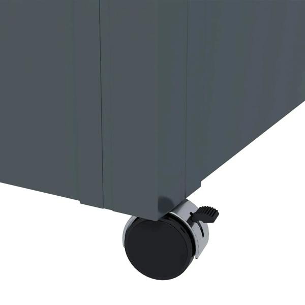 Dark grey storage box corner with brake caster wheel for easy moving.