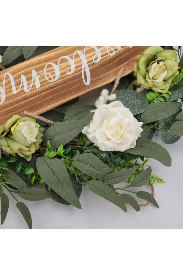 Living and Home D45cm Farmhouse Door Artificial Rose Flower Wreath Welcome Sign