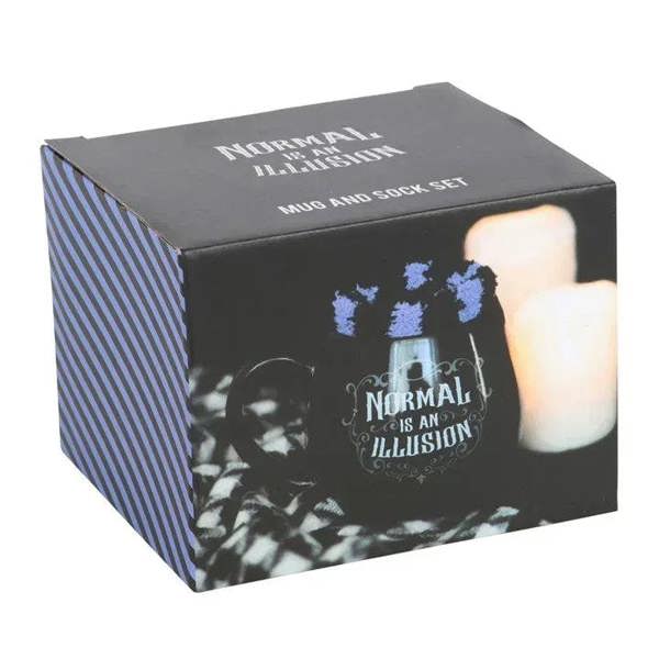 Gothic mug and socks set box with quote graphic and candle-style artwork