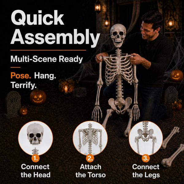 Yezi Halloween Skeleton Life Size 169cm Posable Jointed ABS Spooky Patio White