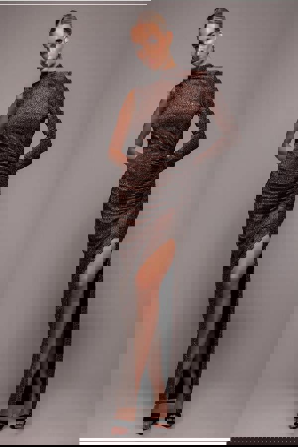 Open Lurex Back One Sleeve Maxi Dress - Bronze DR3633