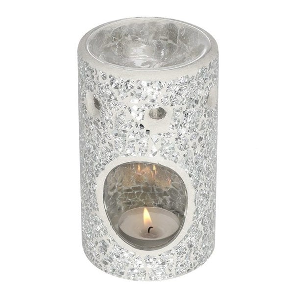 Serano Silver Pillar Crackle Glass Oil Burner and Wax Warmer