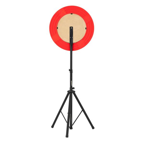 Portable dart board set featuring a sturdy black tripod stand, vibrant red outer ring, and a smooth, natural cork center for accurate throws