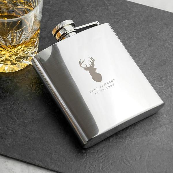 Abode Home & Gifts Personalised Stag Stainless Steel Hip Flask
