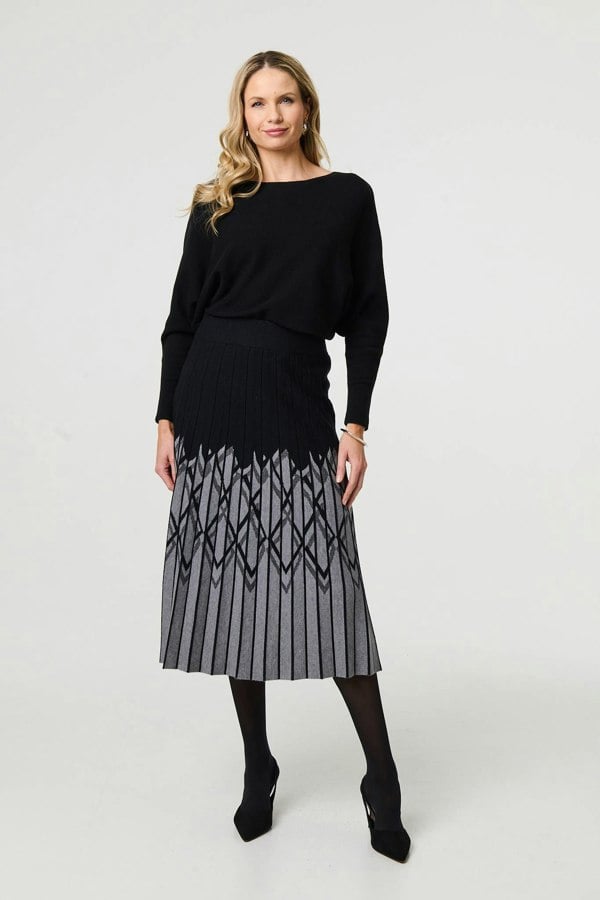 Black | Geo Print Pleated Knit Midi Skirt
