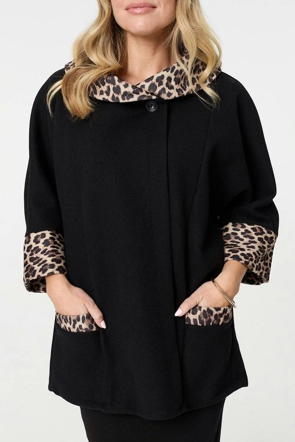 Black | Animal Print Trim 3/4 Sleeve Cape Coat
