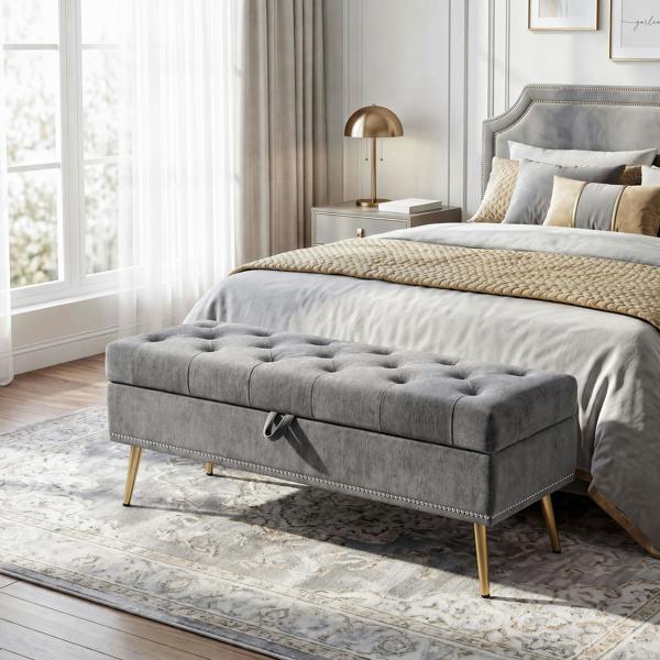 HOMCOM Storage Ottoman, Chenille Ottoman Storage Box - Grey