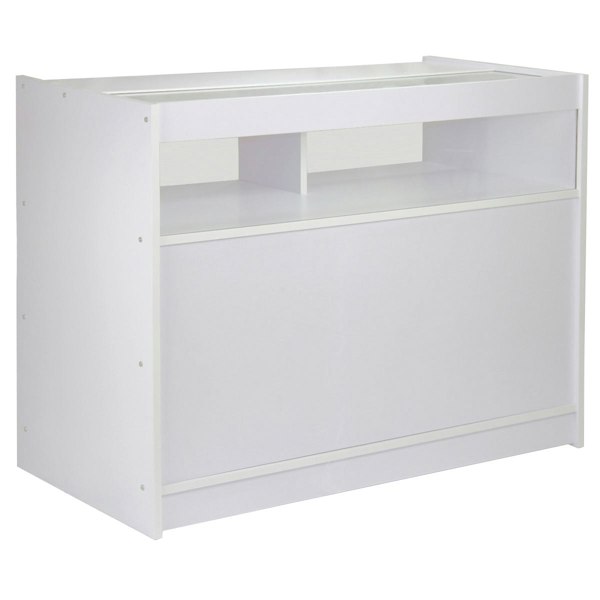 Fusion Brilliant White shop counter with sleek design, smooth white finish, and open display area for retail products