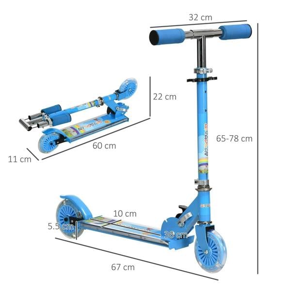 Blue kids scooter with adjustable handlebar and two light-up wheels; size layout shown.