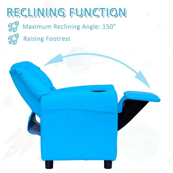 Blue kids recliner chair with adjustable backrest and raised footrest, cup holder