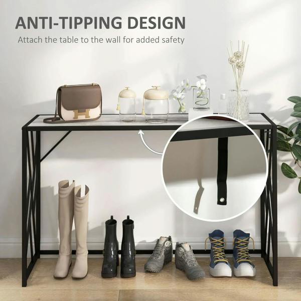 Industrial console table with grey wood-look top and black metal open base storage