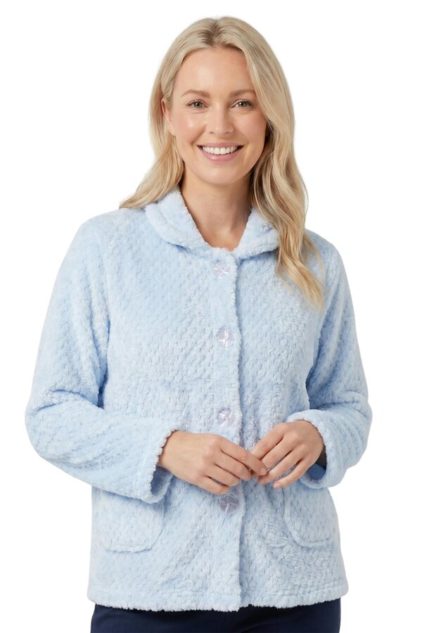 Camille Womens Supersoft Popcorn Textured Fleece Button Up Bed Jacket - Light Blue