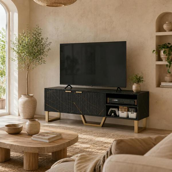 Wyld Haus Baseva 140cm Wooden Black and Gold Marble Effect TV Unit With Fluted Doors For Screens Up To 70 Inches