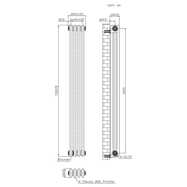 Monstershop Traditional 3 Column Radiator - 1500 x 200mm - Raw Metal