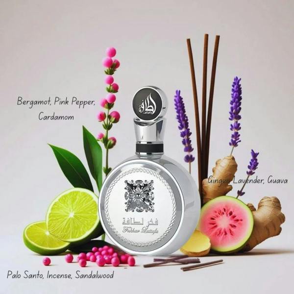 Fakhar Platin Eau De Parfum 100ml by Lattafa Perfumes fragrance notes display