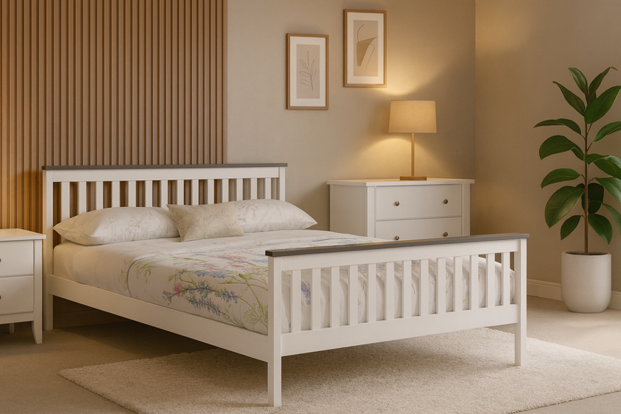 Mission TM Shanghai White Pine Bed Frame with Grey Plinth Single to King