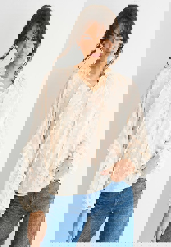 Gini London Cream Jacquard Floral Long Sleeve Blouse