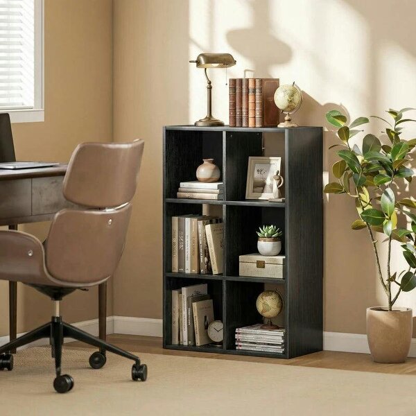 Industrial Style Storage Shelf, Bookcase, Bookshelf with 6 Compartments, for Living Room, Home Study, Black Wood Effect - Black