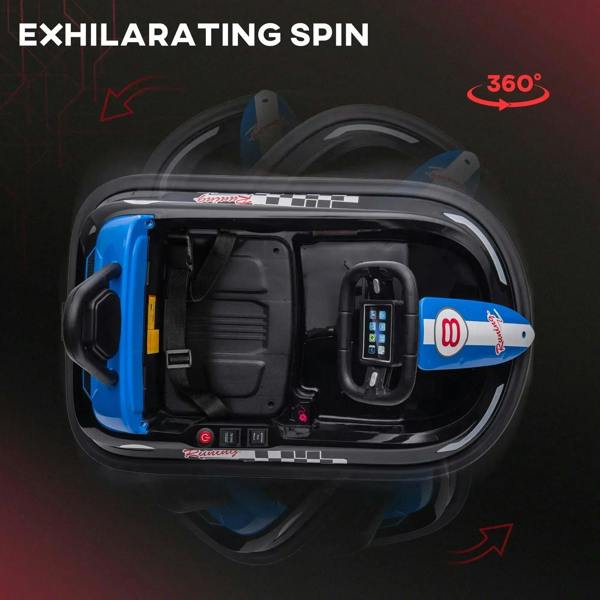Kids electric bumper car top view showing seat, steering wheel, and dashboard