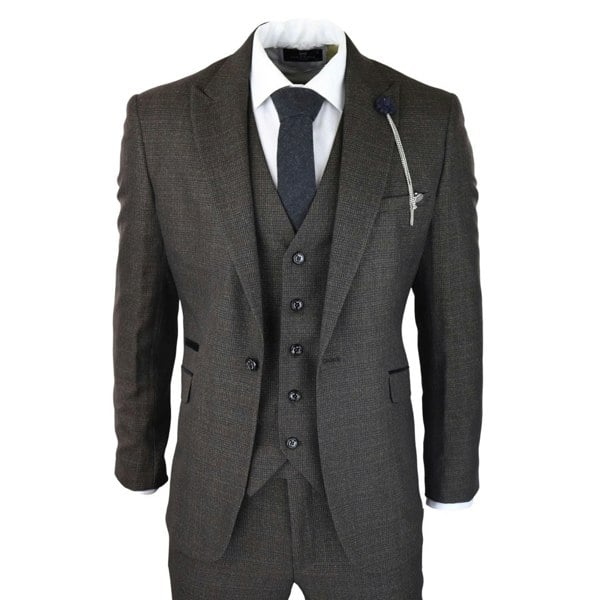 House Of Cavani Caridi - Men's 3 Piece Brown Check Suit Tweed Classic Wedding