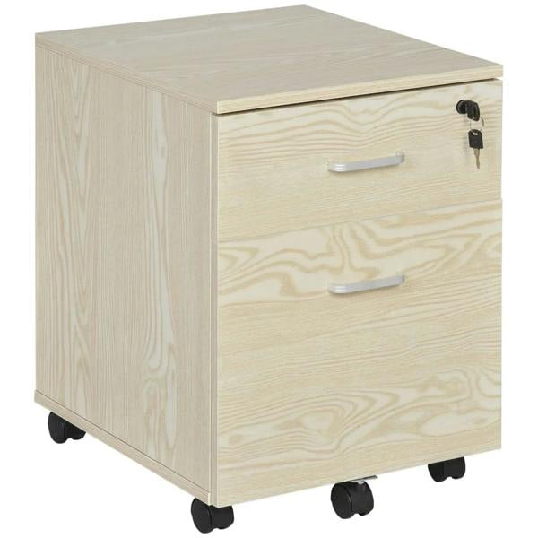 Oak two-drawer rolling filing cabinet with side view and key lock