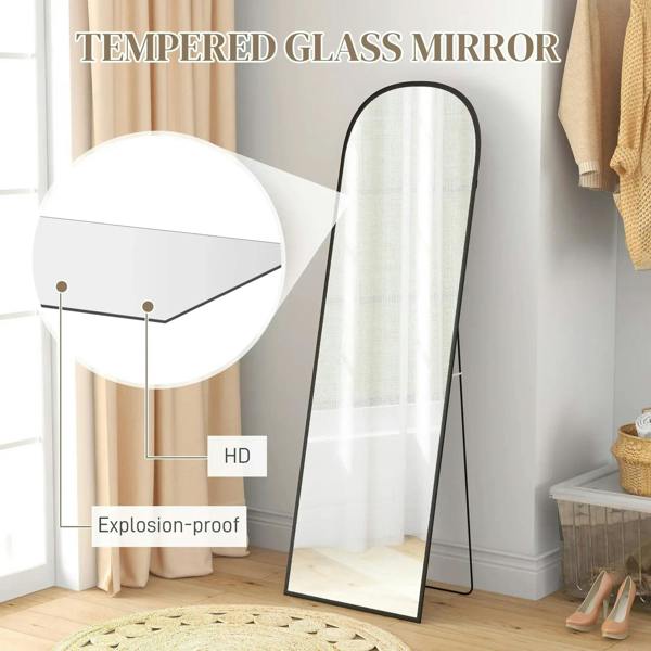 Black full-length mirror with arched frame and clear tempered glass