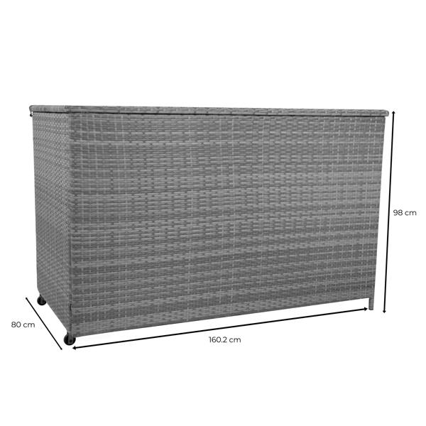Grey rattan cushion storage box with a textured weave, featuring a spacious interior and dimensions of 160.2 cm x 80 cm x 98 cm