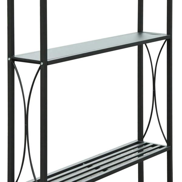 Black metal side shelf with arched cutouts under a brown gazebo canopy