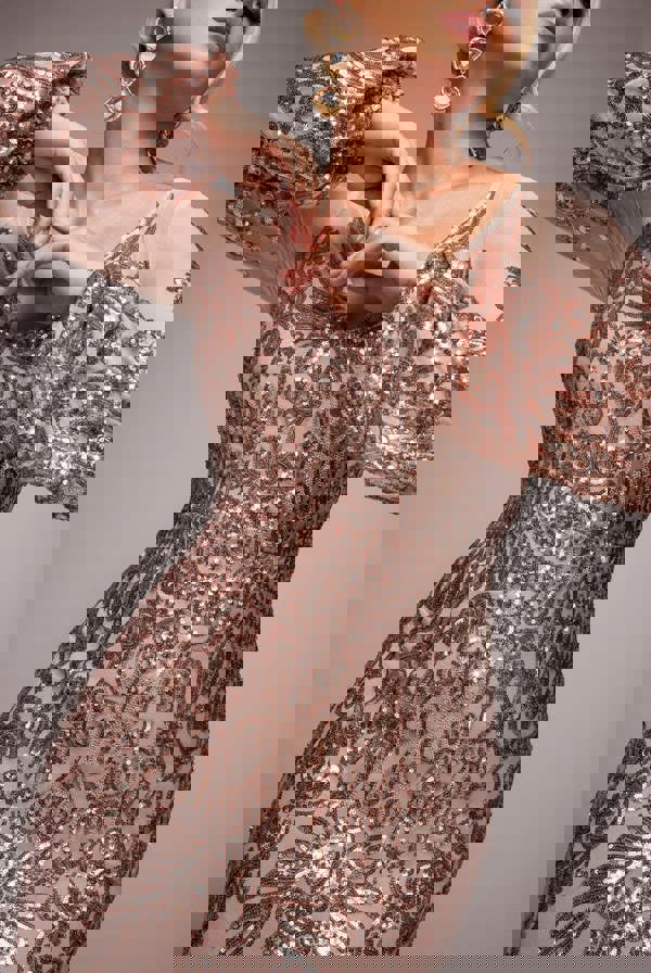 Embellished Sequin Bishop Sleeve Maxi Dress - Champagne DR4634