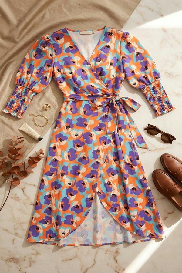 Haniya Wrap Front Printed Midi Dress - Orange