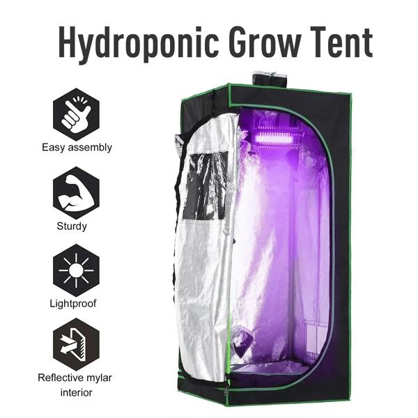 Black grow tent with reflective mylar interior and door opening; lightproof fabric and trim.