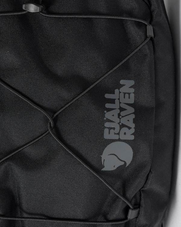 logo detai of a Fjallraven Skule 6L Unisex Sling Bag in Black 550