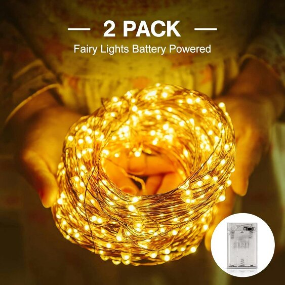 Shatchi 4m 40 LED Fairy String Lights, Silver Copper Wire, Warm White, Battery Operated, Waterproof, 2 Pack