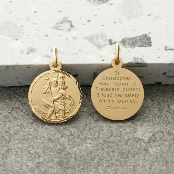 Christopher James of London 9ct Yellow Gold Plated Diamond Cut 16mm St Christopher Pendant With Travellers Prayer and Optional Chain