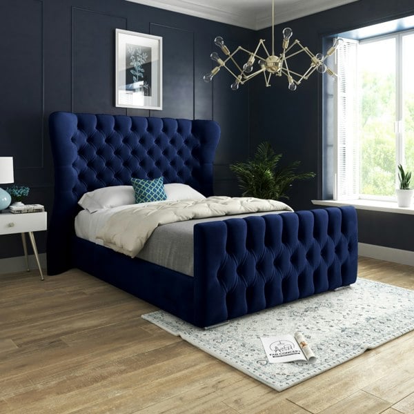 Casa Magna Parma Wide Curved Winged Upholstered Soft Velvet Bed Frame - Blue