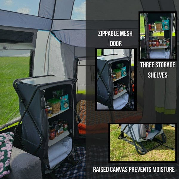 An infographic depicting the key features of the Collapsible Camp Storage Cupboard from OLPRO.