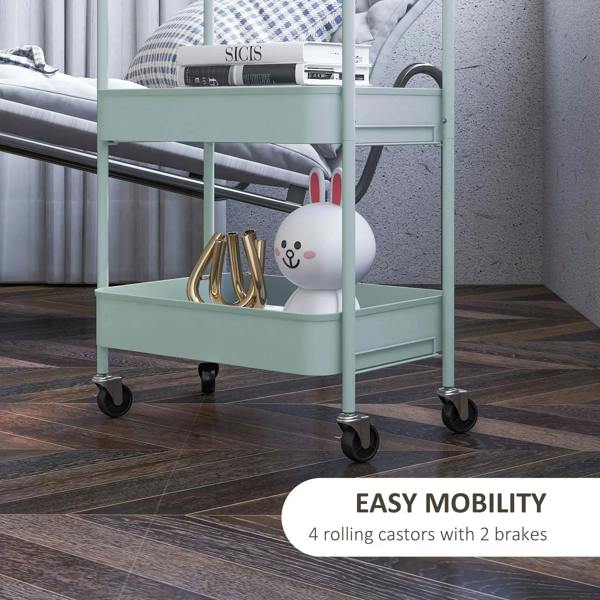 Light blue three-tier steel storage trolley with rolling casters and decorative items