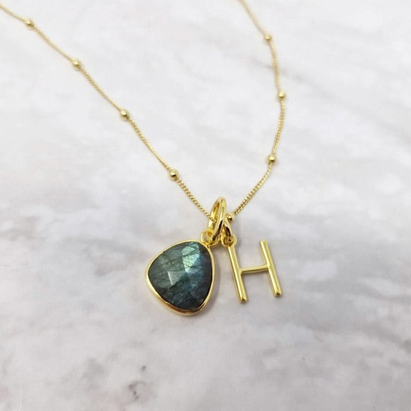 18ct Gold Vermeil Plated Labradorite Initial Necklace