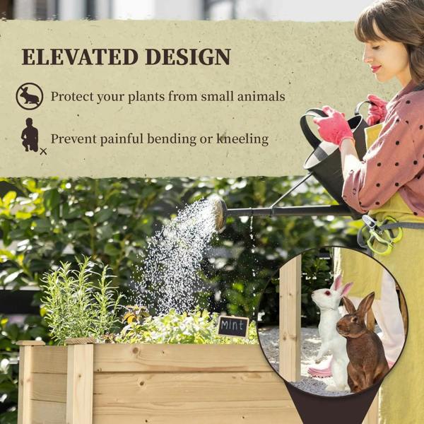 Raised wooden planter with green seedlings and black lining in garden setting