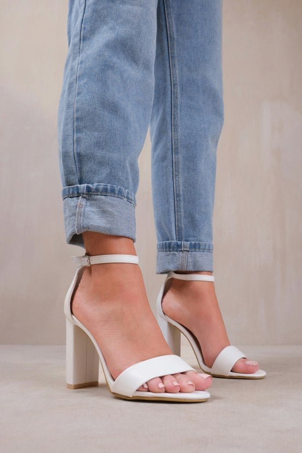 Where's That From Skye Strappy Block Heels With Buckle in White Faux Leather