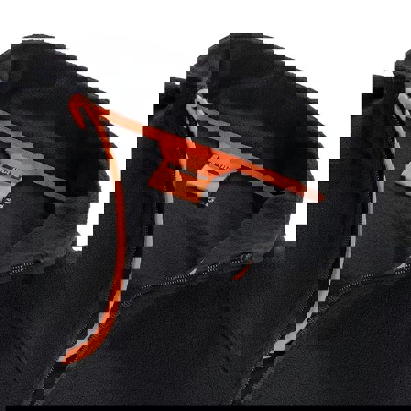 Scruffs Harbour Mens Micro Fleece Zip Up Jacket Coat, close-up image showing the black fleece jacket with orange accents and a zipper pocket on the collar.