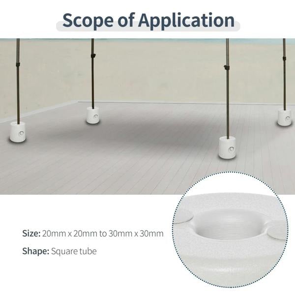 White cylindrical tent leg weight on floor, with side securing knob and top opening
