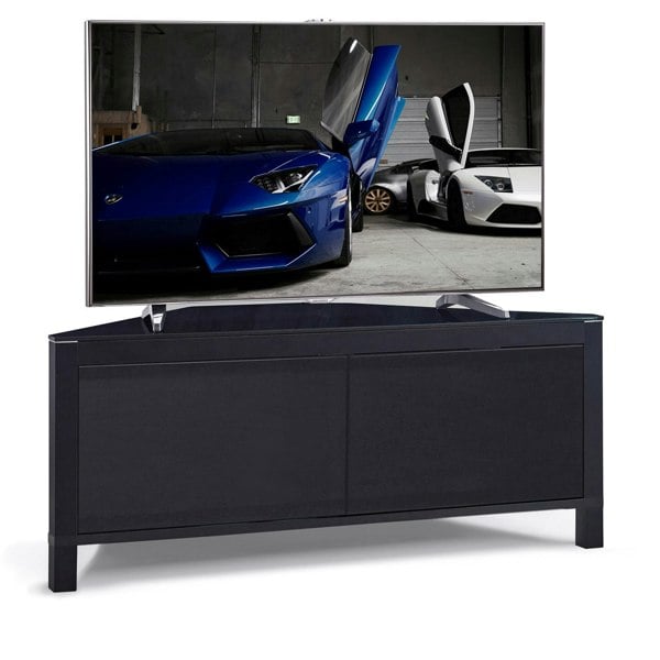 MDA Designs VOLANS Black Tru-Corner Remote Friendly Doors Black/Walnut Reversible Panel Flat Screen TV up to 42" Corner TV Cabinet