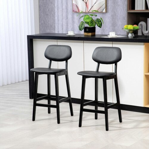Wyld Haus Resono Solid Wood Black Classic Bar Stools Set Of 2 With Faux Leather Seats