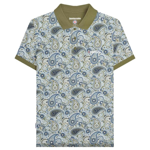 Lambretta Mens SS25 Paisley Branded Polo Shirt - Khaki/Navy
