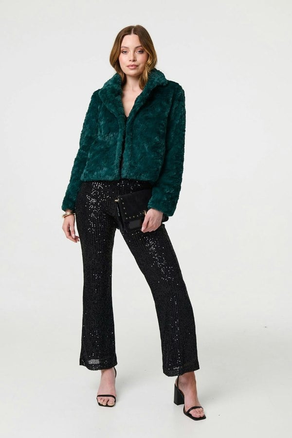Green | Faux Fur Cropped Long Sleeve Jacket
