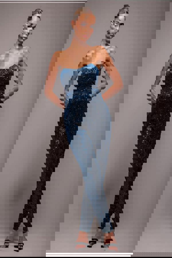 Sequin & Velvet Corset Jumpsuit - Blue TR365